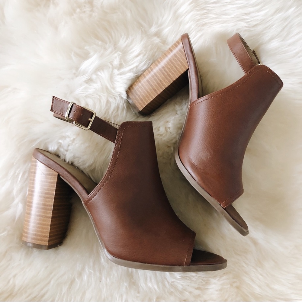 Covington camel peep toe booties